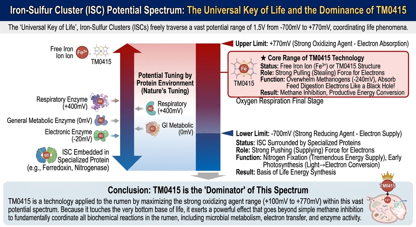 Iron-sulfur cluster potential spectrum — dominance of TM0415 across 1.1V range